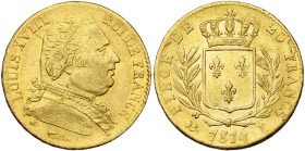 FRANCE, Louis XVIII, première restauration (1814-1815), AV 20 francs, 1814 L, Bayonne. Chiffre 4 court. Gad. 1026; Fr. 526.

Très Beau / Very Fine