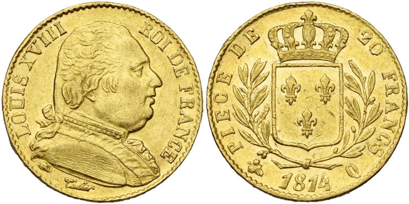 FRANCE, Louis XVIII, première restauration (1814-1815), AV 20 francs, 1814 Q, Pe...