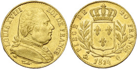 FRANCE, Louis XVIII, première restauration (1814-1815), AV 20 francs, 1814 Q, Perpignan. Chiffre 4 court. Gad. 1026; Fr. 529.

Très Beau à Superbe /...