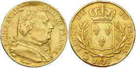 FRANCE, Louis XVIII, première restauration (1814-1815), AV 20 francs, 1815 K, Bordeaux. Gad. 1026; Fr. 527.

presque Très Beau / about Very Fine