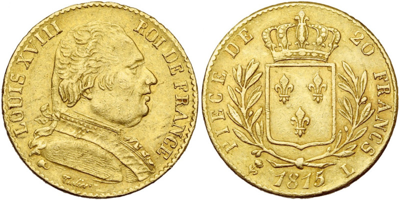 FRANCE, Louis XVIII, première restauration (1814-1815), AV 20 francs, 1815 L (5 ...