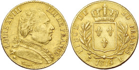 FRANCE, Louis XVIII, première restauration (1814-1815), AV 20 francs, 1815 L (5 sur 4), Bayonne. Fleur verticale. Gad. 1026; Fr. 526.

Très Beau / V...