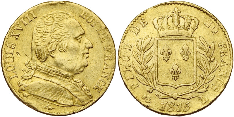 FRANCE, Louis XVIII, première restauration (1814-1815), AV 20 francs, 1815 L, Ba...