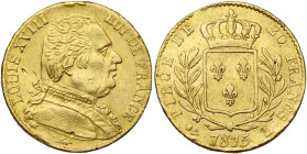 FRANCE, Louis XVIII, première restauration (1814-1815), AV 20 francs, 1815 L, Bayonne. Fleur horizontale. Gad. 1026; Fr. 526. Coups au droit et sur la...