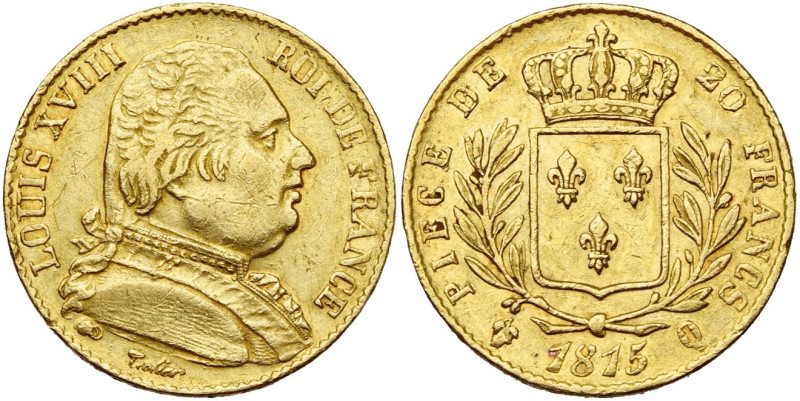 FRANCE, Louis XVIII, première restauration (1814-1815), AV 20 francs, 1815 Q, Pe...