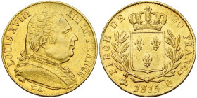 FRANCE, Louis XVIII, première restauration (1814-1815), AV 20 francs, 1815 Q (5 sur 4), Perpignan. Grappe horizontale. Gad. 1026; Fr. 529.

Très Bea...