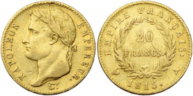 FRANCE, Napoléon Ier, période des Cent-Jours (1815), AV 20 francs, 1815 A, Paris. Gad. 1025a; Fr. 522. Légères traces d'ajustage.

presque Très Beau...