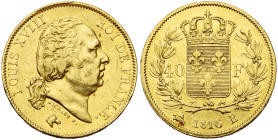 FRANCE, Louis XVIII, seconde restauration (1815-1824), AV 40 francs, 1816 B, Rouen. Seulement 767 p. frappées. Gad. 1092; Fr. 533. Très rare. Petites ...
