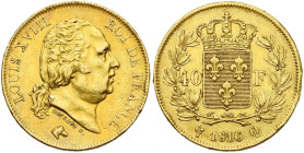 FRANCE, Louis XVIII, seconde restauration (1815-1824), AV 40 francs, 1816 Q, Perpignan. Gad. 1092; Fr. 535. Belle couleur. Petits coups. Coup sur la t...