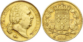 FRANCE, Louis XVIII, seconde restauration (1815-1824), AV 20 francs, 1816 A, Paris. Gad. 1028; Fr. 538. Fines griffes.

Très Beau / Very Fine