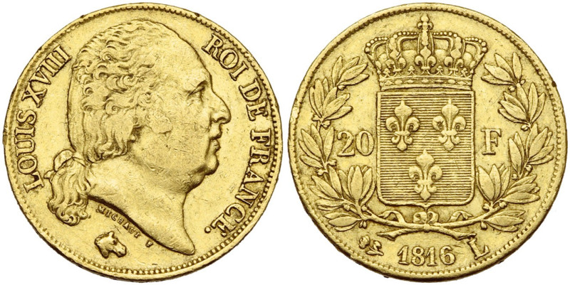 FRANCE, Louis XVIII, seconde restauration (1815-1824), AV 20 francs, 1816 L, Bay...