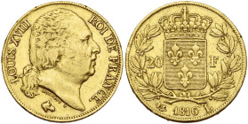 FRANCE, Louis XVIII, seconde restauration (1815-1824), AV 20 francs, 1816 L, Bayonne. Seulement 853 p. frappées. Gad. 1028; Fr. 541. Extrêmement rare....