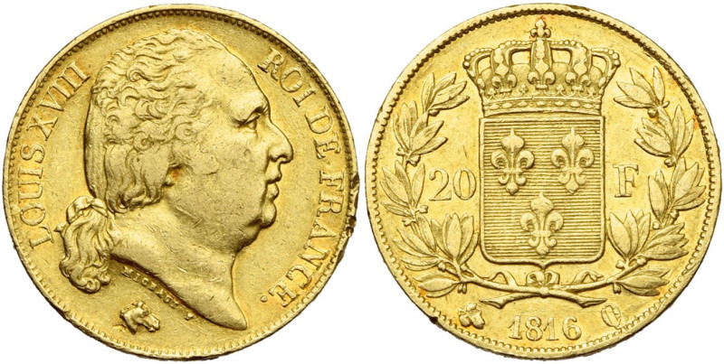 FRANCE, Louis XVIII, seconde restauration (1815-1824), AV 20 francs, 1816 Q, Per...