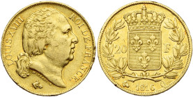 FRANCE, Louis XVIII, seconde restauration (1815-1824), AV 20 francs, 1816 Q, Perpignan. Gad. 1028; Fr. 540. Rare. Avec brillant de frappe. Petits coup...