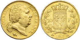 FRANCE, Louis XVIII, seconde restauration (1815-1824), AV 20 francs, 1817 K, Bordeaux. 4803 p. frappées. Gad. 1028; Fr. 543. Rare. Petits coups sur la...