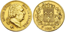 FRANCE, Louis XVIII, seconde restauration (1815-1824), AV 40 francs, 1818 W, Lille. Gad. 1092; Fr. 536. Taches au revers.

Très Beau / Very Fine