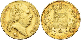 FRANCE, Louis XVIII, seconde restauration (1815-1824), AV 20 francs, 1818 L, Bayonne. 5.394 p. frappées. Gad. 1028; Fr. 541. Rare. Coup sur la tranche...