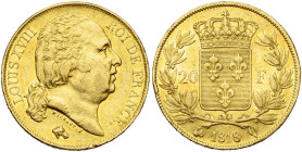 FRANCE, Louis XVIII, seconde restauration (1815-1824), AV 20 francs, 1818 Q, Perpignan. Gad. 1028; Fr. 540. Petits coups sur la tranche. Avec brillant...