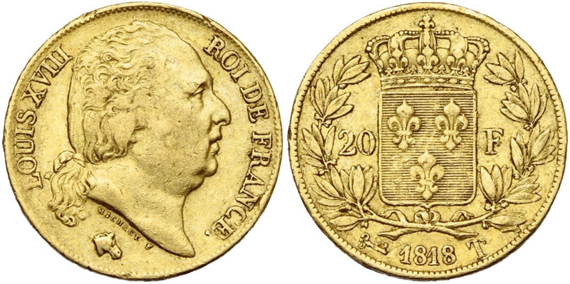 FRANCE, Louis XVIII, seconde restauration (1815-1824), AV 20 francs, 1818 T, Nan...