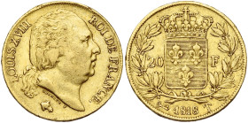 FRANCE, Louis XVIII, seconde restauration (1815-1824), AV 20 francs, 1818 T, Nantes. Gad. 1028; Fr. 544. Petits coups sur la tranche.

presque Très ...