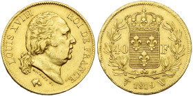 FRANCE, Louis XVIII, seconde restauration (1815-1824), AV 40 francs, 1819 W, Lille. 4610 p. frappées. Gad. 1092; Fr. 536. Rare. Petits coups.

Très ...
