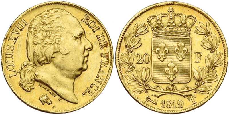 FRANCE, Louis XVIII, seconde restauration (1815-1824), AV 20 francs, 1819 T, Nan...