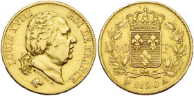 FRANCE, Louis XVIII, seconde restauration (1815-1824), AV 40 francs, 1820 A, Paris. 5480 p. frappées. Gad. 1092; Fr. 532. Rare. Légères traces d'ajust...
