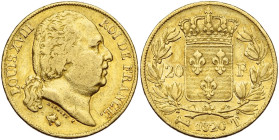 FRANCE, Louis XVIII, seconde restauration (1815-1824), AV 20 francs, 1820 T, Nantes. 5749 p. frappées. Gad. 1028; Fr. 544. Rare.

Beau à Très Beau /...