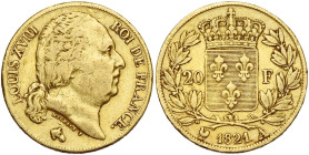 FRANCE, Louis XVIII, seconde restauration (1815-1824), AV 20 francs, 1821 A, Paris. Gad. 1028; Fr. 538. Rare.

Beau à Très Beau / Fine - Very Fine