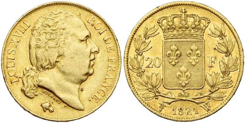FRANCE, Louis XVIII, seconde restauration (1815-1824), AV 20 francs, 1821 W, Lil...