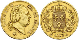 FRANCE, Louis XVIII, seconde restauration (1815-1824), AV 40 francs, 1822 A, Paris. Seulement 373 p. frappées. Gad. 1092; Fr. 532. Extrêmement rare.
...
