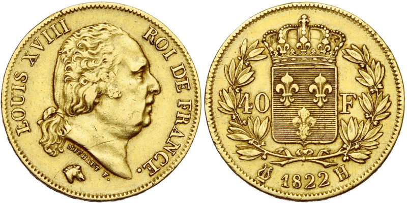 FRANCE, Louis XVIII, seconde restauration (1815-1824), AV 40 francs, 1822 H, La ...