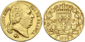 FRANCE, Louis XVIII, seconde restauration (1815-1824), AV 20 francs, 1822 H, La Rochelle. Seulement 1253 p. frappées. Gad. 1028; Fr. 545. Extrêmement ...