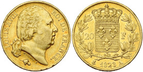 FRANCE, Louis XVIII, seconde restauration (1815-1824), AV 20 francs, 1823 A, Paris. Gad. 1028; Fr. 538. Rare. Petits coups sur la tranche. Belle coule...