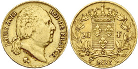 FRANCE, Louis XVIII, seconde restauration (1815-1824), AV 20 francs, 1823 W, Lille. 7655 p. frappées. Gad. 1028; Fr. 539. Rare. Fines griffes.

pres...