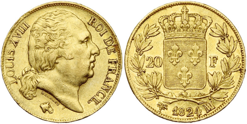 FRANCE, Louis XVIII, seconde restauration (1815-1824), AV 20 francs, 1824 MA, Ma...