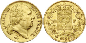 FRANCE, Louis XVIII, seconde restauration (1815-1824), AV 20 francs, 1824 MA, Marseille. Seulement 2001 p. frappées. Gad. 1028; Fr. 546. Très rare.
...