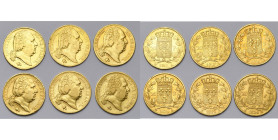 FRANCE, Louis XVIII, seconde restauration (1815-1824), lot de 6 p. de 20 francs: 1817, 1818, 1819, 1820, 1822 et 1824 A, Paris. Gad. 1028.

Très Bea...