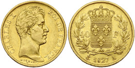 FRANCE, Charles X (1824-1830), AV 40 francs, 1827 A, Paris. Seulement 106 p. frappées. Gad. 1105; Fr. 547. Extrêmement rare.

Très Beau / Very Fine...