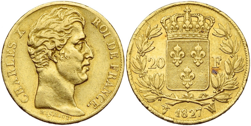 FRANCE, Charles X (1824-1830), AV 20 francs, 1827 W, Lille. 3431 p. frappées. Ga...