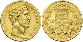 FRANCE, Charles X (1824-1830), AV 20 francs, 1827 W, Lille. 3431 p. frappées. Gad. 1029; Fr. 550. Rare. Petite tache au revers.

Très Beau / Very Fi...