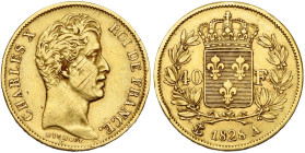 FRANCE, Charles X (1824-1830), AV 40 francs, 1828 A, Paris. Gad. 1105; Fr. 547. Traces d'ajustage. Coup sur la tranche.

Très Beau / Very Fine