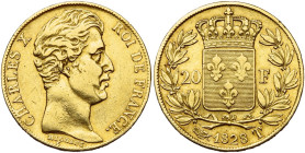 FRANCE, Charles X (1824-1830), AV 20 francs, 1828 T, Nantes. 3151 p. frappées. Gad. 1029; Fr. 552. Rare. Nettoyé.

presque Très Beau / about Very Fi...