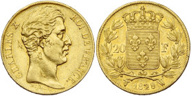 FRANCE, Charles X (1824-1830), AV 20 francs, 1828 W, Lille. Gad. 1029; Fr. 550. Rare. Légers défauts de flan.

Très Beau / Very Fine