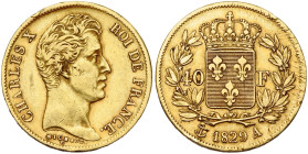 FRANCE, Charles X (1824-1830), AV 40 francs, 1829 A, Paris. Gad. 1105; Fr. 547. Fines traces d'ajustage. Coups sur la tranche.

Très Beau / Very Fin...