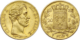 FRANCE, Charles X (1824-1830), AV 20 francs, 1829 W, Lille. 5946 p. frappées. Gad. 1029; Fr. 550. Très rare. La plus rare des 20 francs or de Charles ...