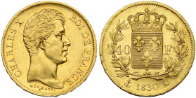 FRANCE, Charles X (1824-1830), AV 40 francs, 1830 A, Paris. Tranche en relief. Seulement 1324 p. frappées. Gad. 1105a; Fr. 537. Très rare. Petits coup...