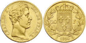 FRANCE, Charles X (1824-1830), AV 20 francs, 1830 A, Paris. Tranche en creux. Gad. 1029; Fr. 549.

presque Très Beau / about Very Fine