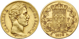 FRANCE, Charles X (1824-1830), AV 20 francs, 1830 A, Paris. Tranche cannelée. Gad. 1029b; Fr. 549. Très rare.

Très Beau / Very Fine