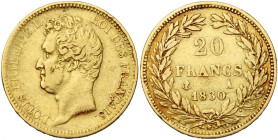 FRANCE, Louis-Philippe (1830-1848), AV 20 francs, 1830 A, Paris. Tête nue. Tranche en creux. Gad. 1030; Fr. 553a. Rare.

Beau à Très Beau / Fine - V...